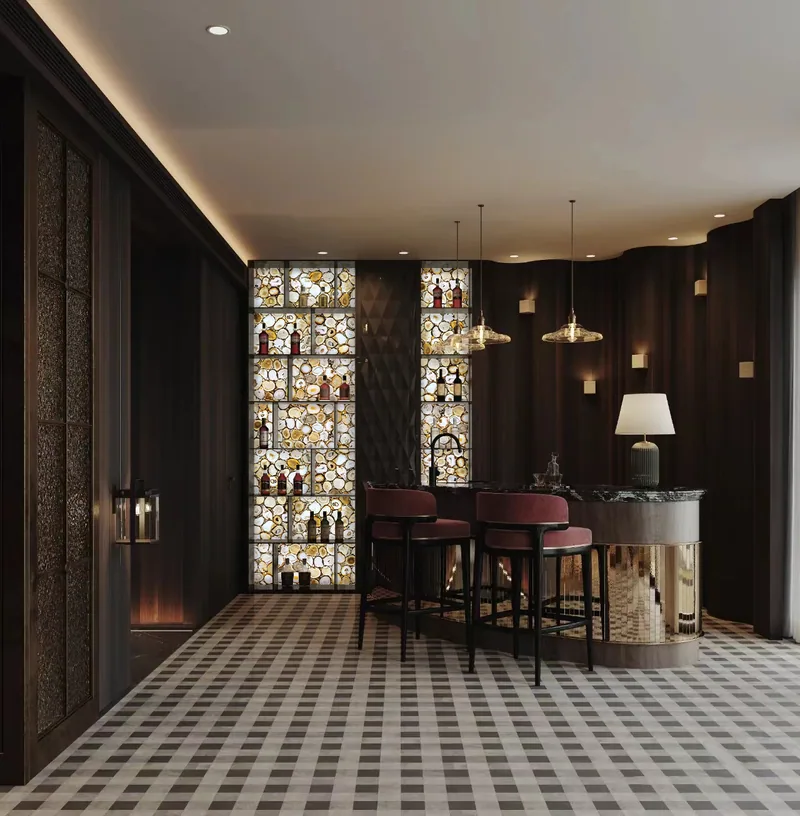 Bibliothèque et bar aux niches en agate blanche rétroéclairée