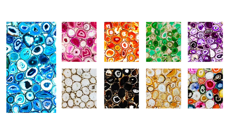 Nuancier Agates : Agate bleue, Agate rose, Agate rouge, Agate verte, Agate violette, Agate blanche, Agate noire, Agate brune, Agate multicolore