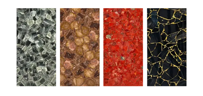 Nuancier Contrastes naturels : Jaspe zébré vert, Bois pétrifié, Rubis, Obsidienne