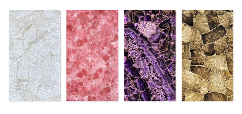 Nuancier Cristaux & quartz : Cristal blanc, Quartz rose, Améthyste, Quartz fumé