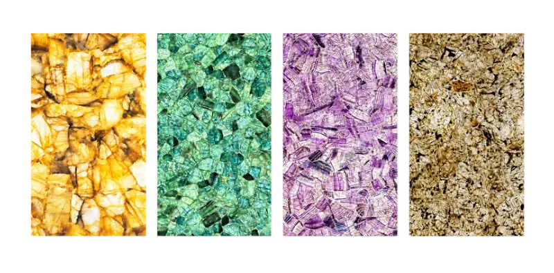 Nuancier Lumières minérales : Cristal jaune, Fluorite verte, Fluorite violette, Labradorite
