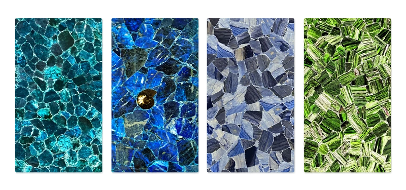 Nuancier Nuances profondes : Apatite, Sodalite / jaspe bleu, Aventurine bleue, Émeraude « Red Emerald »