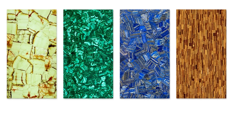 Nuancier Matières de caractère : Jade vert, Malachite, Lapis-lazuli, Œil-de-tigre