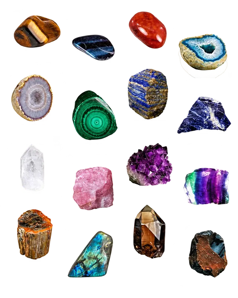 Seize pierres et cristaux présentés à l’état naturel, de l’agate à l’obsidienne.